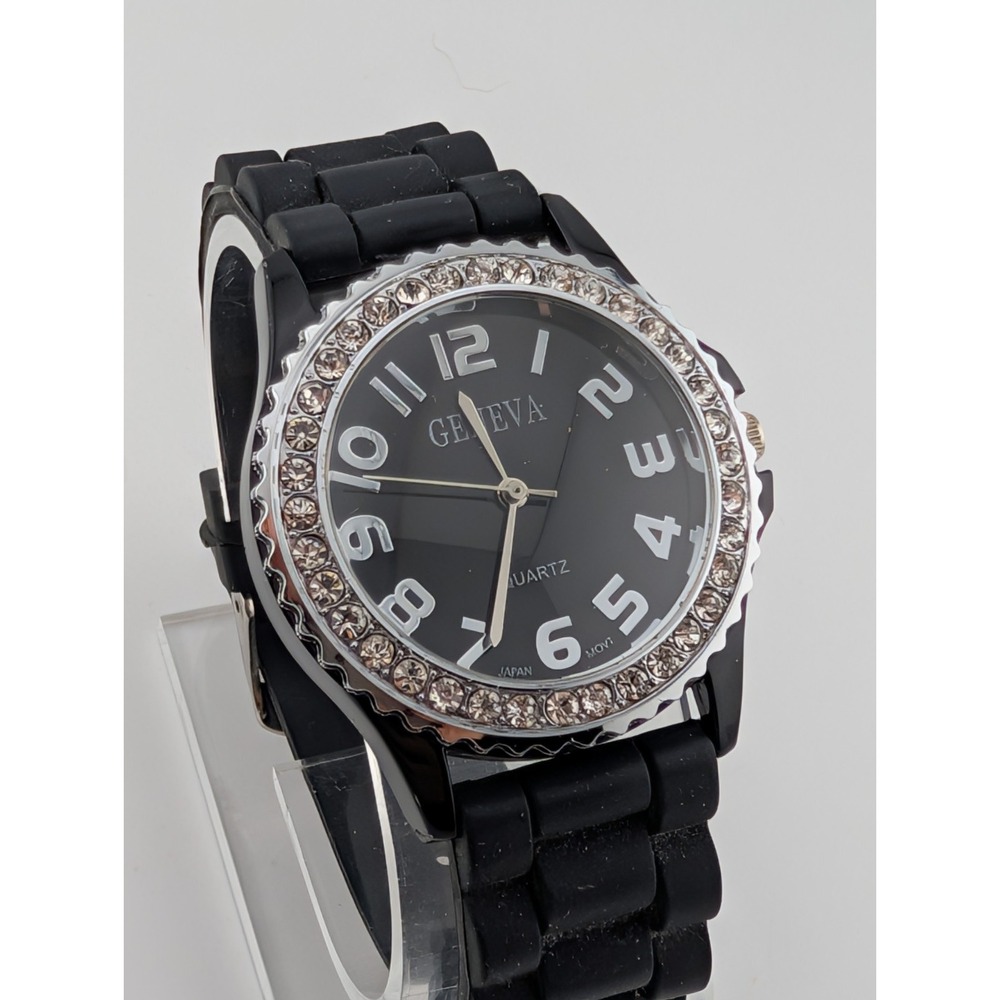 Geneva‎ Watch Women 38mm Case Crystal Bezel Black Silicone Band- New Battery
